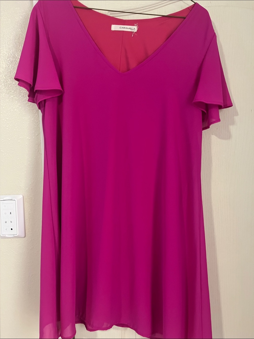 Hot Pink V-Neck Flutter Sleeve Dress